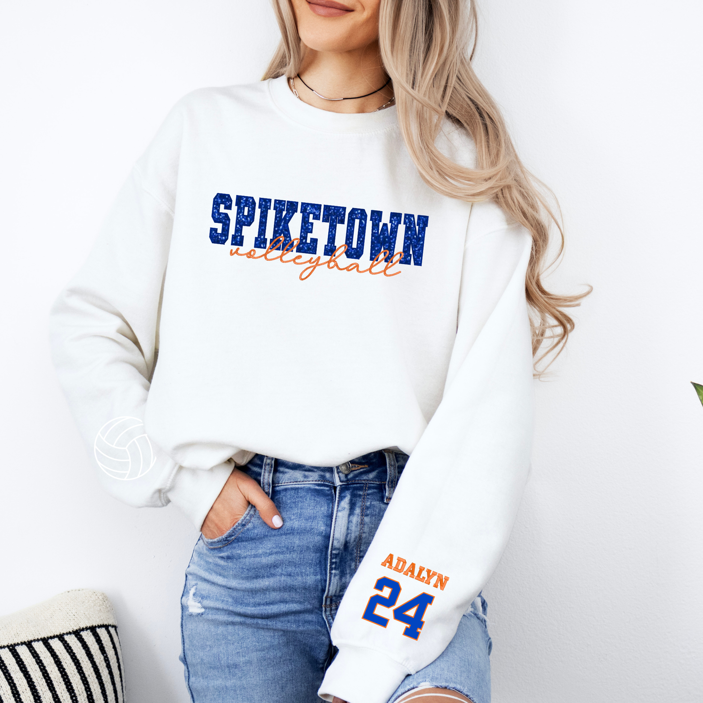 White Spiketown Crew Sweatshirt | Embroidered Glitter Applique