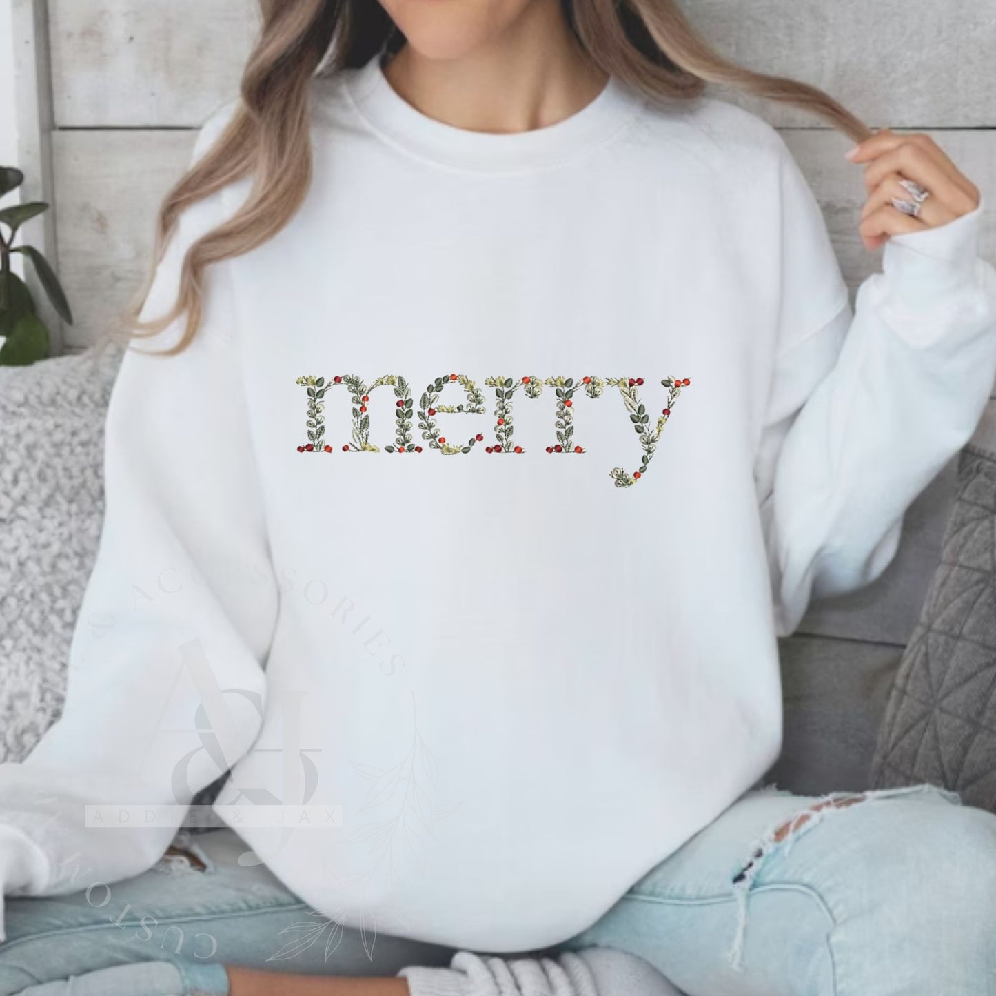 Embroidered Merry Floral Sweatshirt- Youth or Adult Unisex Sweatshirt