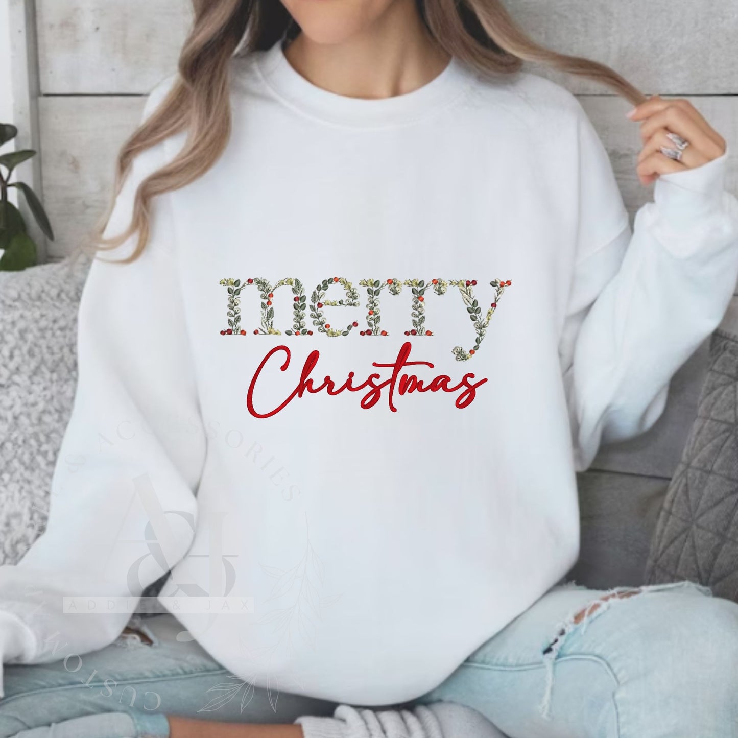 Embroidered Merry Floral Sweatshirt- Youth or Adult Unisex Sweatshirt